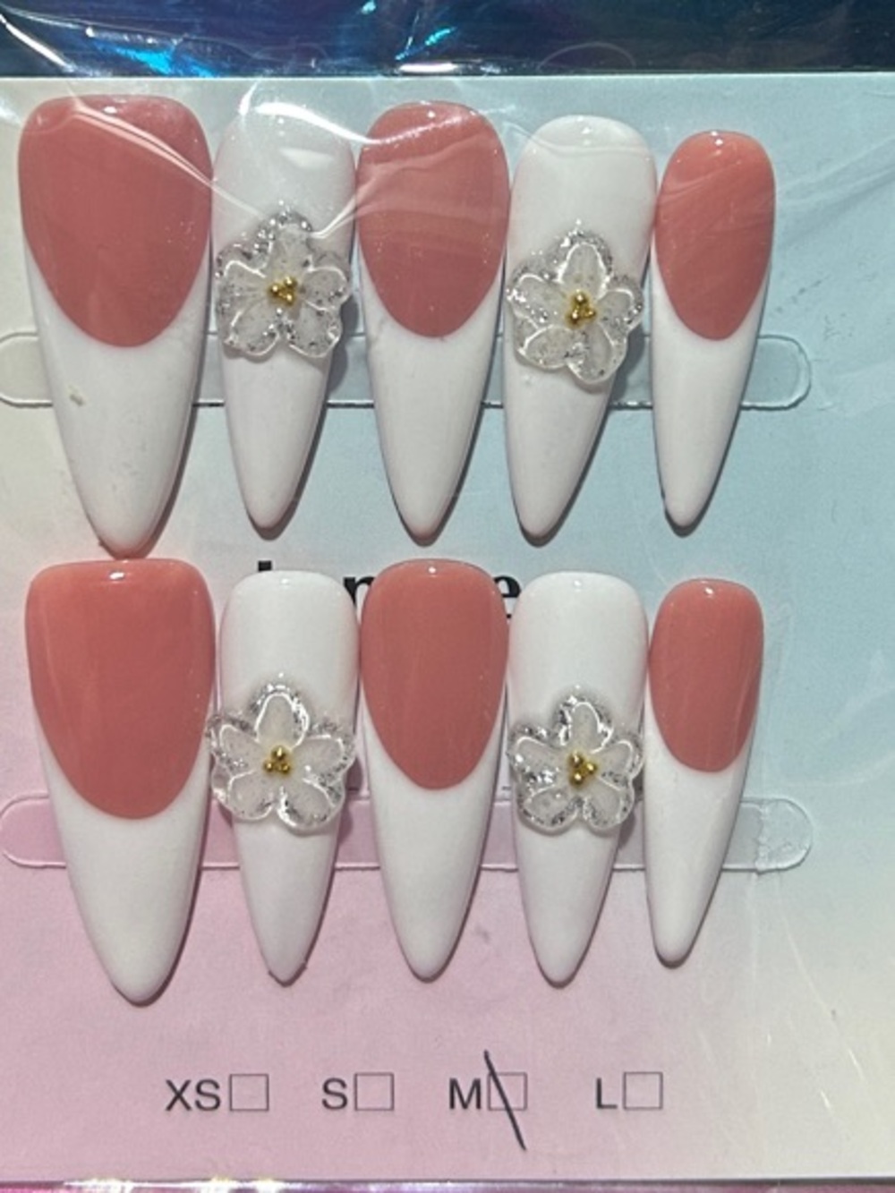 Pink and White Stiletto Press-On Nails with Floral Accent